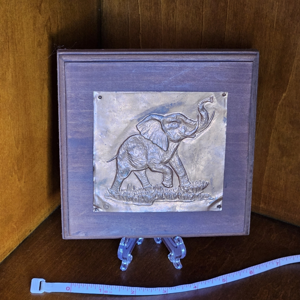 Elephant Art - Hammered Copper On Wood Elephant Design